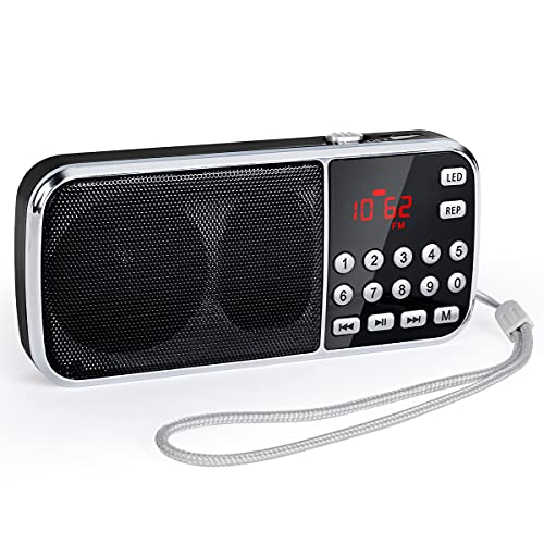 PRUNUS J-189 Radio Portatil Pequeña Recargable Am/FM, Radio Bluetooth Portatil con Altavoz de Graves Profundos, Reproductor de TF/USB/AUX, Radio Digital con Linterna LED, Bateria Recargable(Negro)
