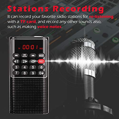 PRUNUS J-328 Radio Portatil Pequeña Recargable FM, Mini Radio de Bolsillo Digital con grabadora, Reproductor de música SD/TF/AUX, Radio Pequeña con Botones de Bloqueo para Correr, Viajar(Negro)