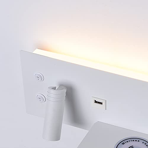 Puhui Lámpara LED de pared interior interruptor, puerto de carga USB y cargador inalámbrico Qi, lámpara de lectura 3 W y luz de fondo, cama para lectura de hotel dormitorio luz nocturna (B-D)