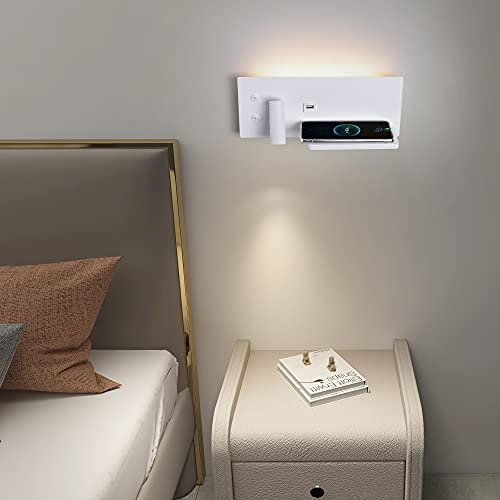 Puhui Lámpara LED de pared interior interruptor, puerto de carga USB y cargador inalámbrico Qi, lámpara de lectura 3 W y luz de fondo, cama para lectura de hotel dormitorio luz nocturna (B-D)