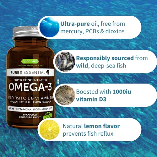 Pure & Essential Aceite de Pescado Salvaje Omega-3 410 mg EPA y 250 mg DHA por cápsula y Vitamina D3, aroma natural de limón, 60 cápsulas
