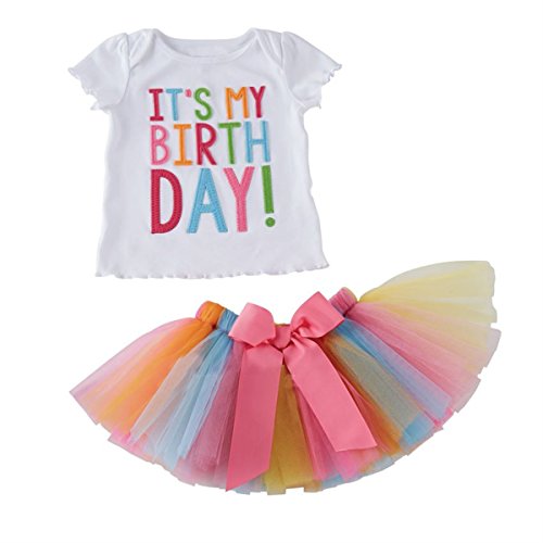 puseky Conjunto de camiseta de cumpleaños y falda tutú de malla arcoíris para bebés (3-4 años)