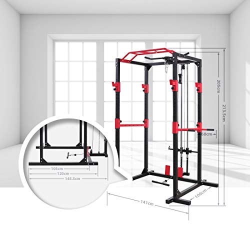 Rack de musculación, estructura de acero sólido, juego de rack de fitness, con 2 focos, barra de dominadas, soporte para dip, poleas y remo, para principiantes y avanzados (negro/rojo) (Gris / Rojo)