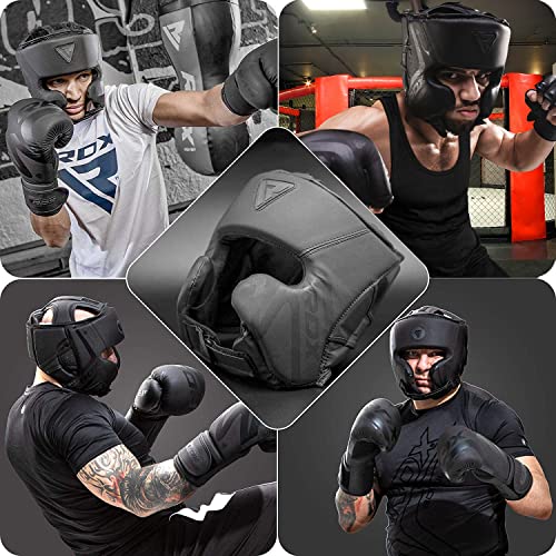 RDX Casco Protector Boxeo Entrenamiento MMA Fighting Headgear | Protector de Cara y Orejas de Muay Thai de Piel de Piel de convección Negro Mate | Ideal para Artes Marciales