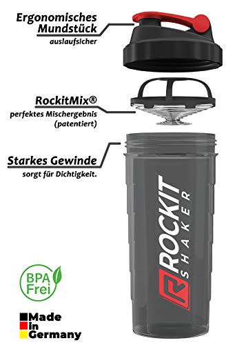 Rockitz Premium Shaker per proteine 1000ml - funzione di miscelazione con filtro per infusione - per frullati proteici super cremosi per il fitness, tazza per frullati proteici - Rojo | Negro