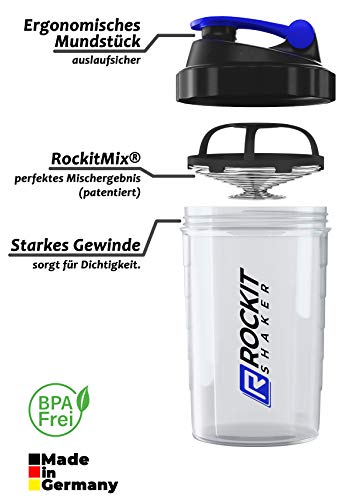 Rockitz Premium Shaker per proteine 500ml - funzione di miscelazione con filtro per infusione - per frullati proteici super cremosi per il fitness, tazza per frullati proteici - Azul | Transparente