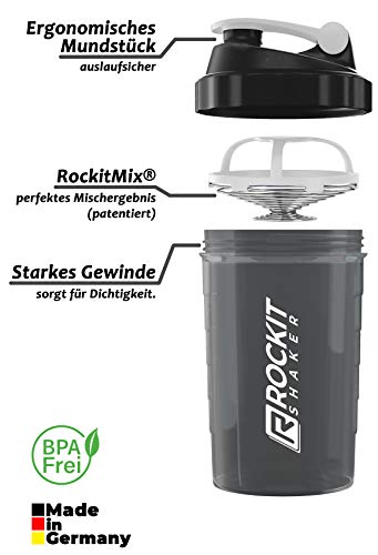 Rockitz Premium Shaker per proteine 500ml - funzione di miscelazione con filtro per infusione - per frullati proteici super cremosi per il fitness, tazza per frullati proteici - Blanco | Negro