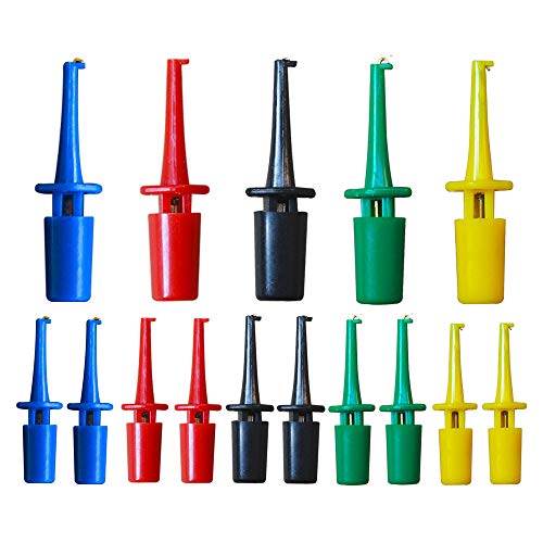 Senven 15pcs Multímetro Cable clip gancho plomo Mini conjunto sonda prueba electrónica, para herramienta de reparación, mini ic sonda grabber, rojo × 3 azul × 3 negro × 3 amarillo × 3 verde × 3.