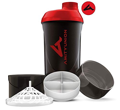 Shaker Deluxe - Proteína Shaker a prueba de fugas - BPA libre y con la escala tamiz de polvo de proteína de suero cremoso sacude (negro rojo cup 700ml)
