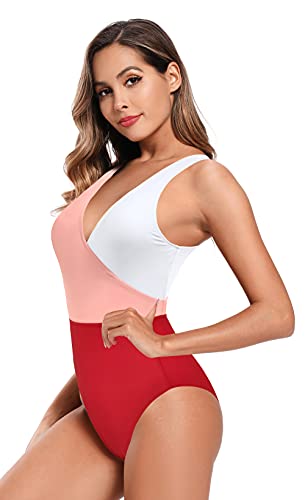 SHEKINI Mujer Traje de Baño de una Pieza Cuello de V Elegante Bikini Sport Chic Delgado Ajustable Bañador Bikini de Playa de Verano Swimwear (Rojo, S)