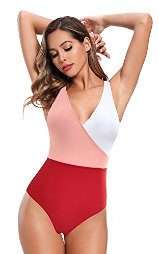 SHEKINI Mujer Traje de Baño de una Pieza Cuello de V Elegante Bikini Sport Chic Delgado Ajustable Bañador Bikini de Playa de Verano Swimwear (Rojo, S)