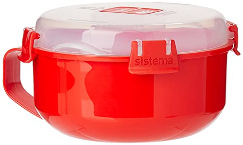 Sistema bol de desayuno para microondas | Recipiente redondo para microondas con tapa | 850 ml | Sin BPA | Rojol/Transparente | 1 unidad