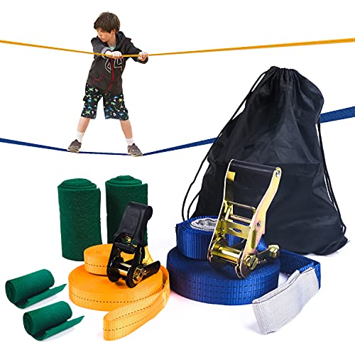 Slackline Kit de Slackline para niños con correa de 15 m y trinquete de protección, ayuda al equilibrio del árbol y bolsa de transporte para niños y principiantes