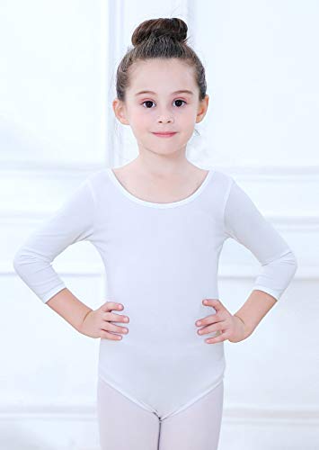 Soudittur Maillot de Ballet Danza Clásico para Niña Manga 3/4 Body Leotardo Gimnasia Ritmica (Blanco, Tag 100 (Height: 95-105 cm))