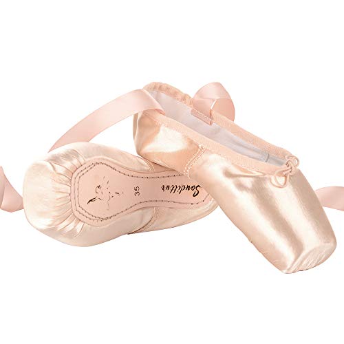 Soudittur Zapatillas de Ballet de Punta Pointe Zapatos Satén con Puntera de Gel de Silicona y Cintas para Niñas Rosa EU 41