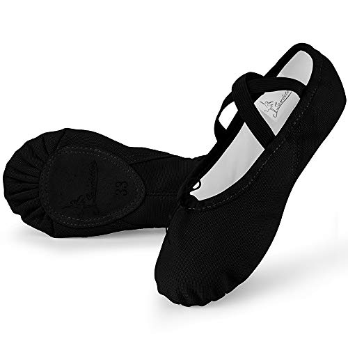 Soudittur Zapatillas Media Punta de Ballet - Calzado de Danza para Niña y Mujer Adultos Negras Suela Partida de Cuero Tallas 38
