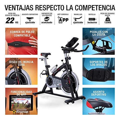 Sportstech Bicicleta Estática | Bicicleta Fitness con Volante de 22 kg - Eventos en Video & App Multijugador, Incl. eBook - Compatible con Pulsómetro - Bicicleta para Casa - hasta 125Kg | SX200
