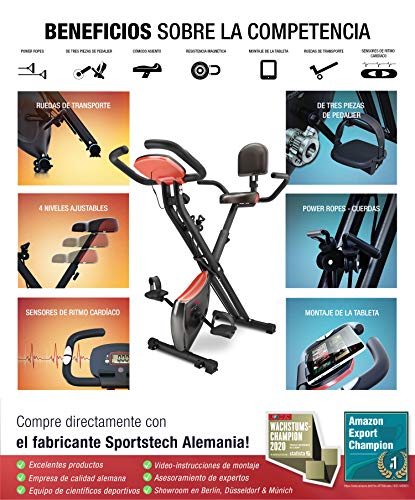 Sportstech Bicicleta Estática con Consola LCD y Cuerdas de Resistencia | Marca alemana de calidad | Bicicleta Plegable para el Hogar con Asiento cómodo y Sensores de pulso | Gimnasio en Casa | X100-B