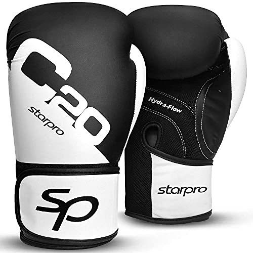 Starpro C20 Guantes de Boxeo de Cuero PU para Entrenamiento Sparring en Muay Thai Kickboxing Fitness - Hombres y Mujeres - Negro y Blanco - 8oz 10oz 12oz 14oz 16oz