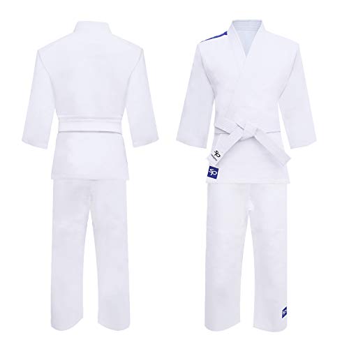 Starpro Kimono Judo de algódon Premium - Judogi Profesional para Entrenamiento y competición- Cinturón blanco libre -Hombres Mujeres Niños- 110-190 cm - Blanco y Azul