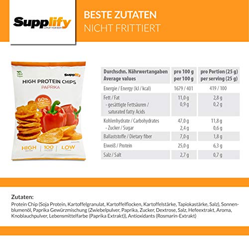 Supplify - Patatas fritas altas en proteína. Aperitivo de clara de huevo ideal para fitness. Sustitutivo del suero de leche y las barritas proteicas.