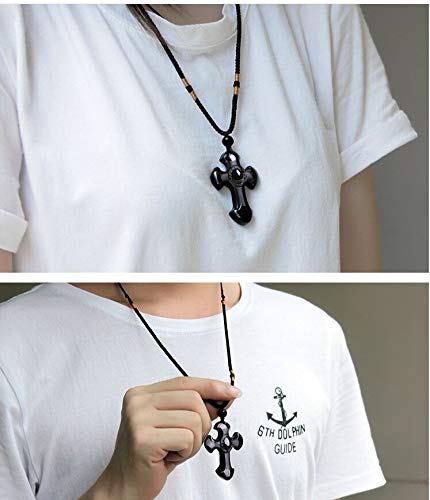 Thajaling Obsidiana Cruz Colgante Collar Piedra Preciosa Reiki Yoga Equilibrio Collar de Piedras Preciosas Negro Cuerda de Nylon para Hombres Mujer