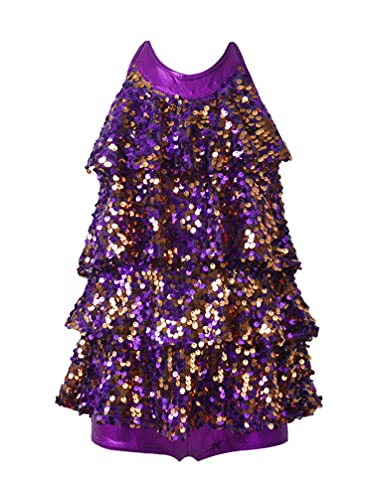 TiaoBug Niñas Vestido de Danza de Latina Jazz Hip Hop Vestido de Baile de Lentejuelas para Niñas Chicas Traje de Vestido de Baile Brillante 5-14 Años Morado 13-14 años