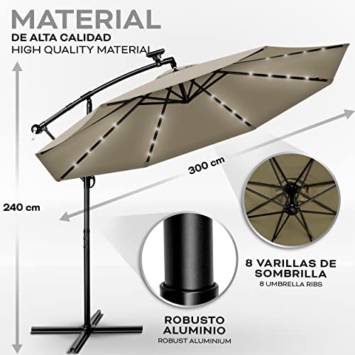 tillvex 300 cm Sombrilla Excentrico con 32 Luces LED Solar | Parasol para Terraza Jardín Balcón Patio | con Manivela y Base en Cruz, giratorio 360º, Protección UV