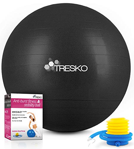 TRESKO® Pelota de Gimnasia Anti-Reventones | Bola de Yoga Pilates y Ejercicio | Balón para Sentarse | Balon de Ejercicio para Fitness | 300 kg | con Bomba de Aire | Negro | 65cm