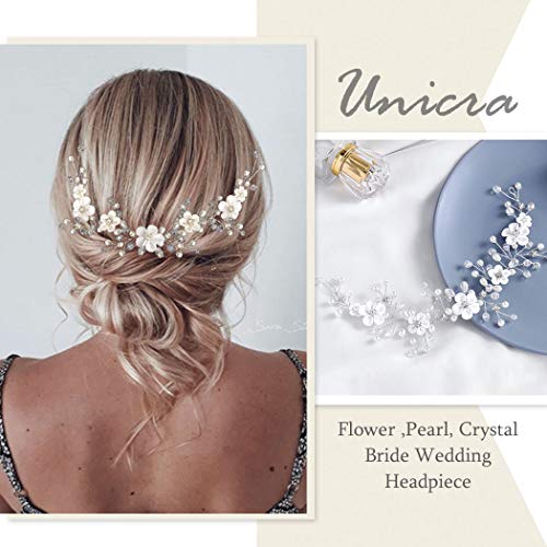 Unicra Novia boda pelo vid flor accesorios para el cabello perla nupcial diadema banda para el pelo para mujeres y niñas (plata)