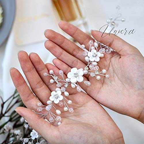 Unicra Novia boda pelo vid flor accesorios para el cabello perla nupcial diadema banda para el pelo para mujeres y niñas (plata)