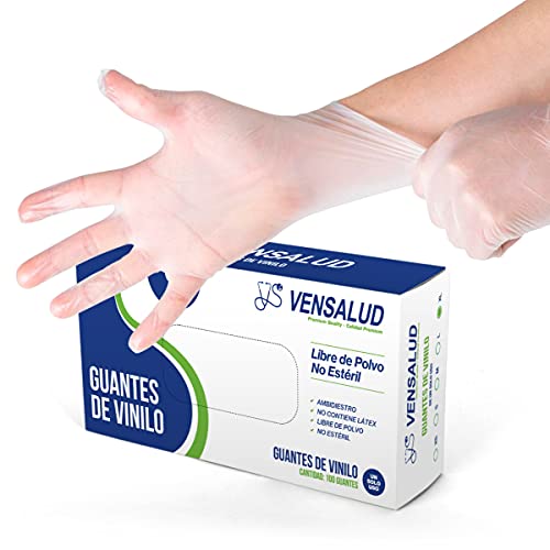 VENSALUD - Guantes de VINILO desechables. Sin Polvo. Caja de 100 guantes. Color: Semi-Blanco (XL)