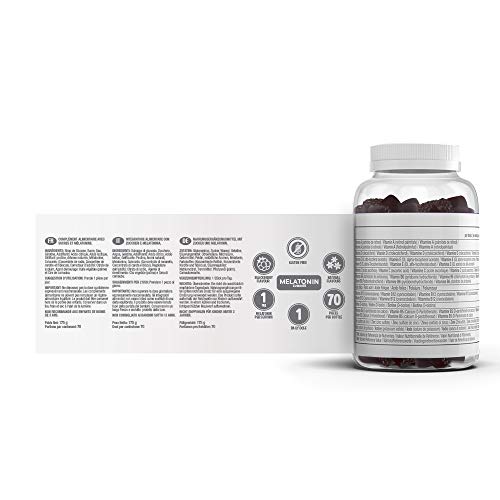 VITALDIN Melatonina gummies - 1 mg por dosis diaria - 70 gominolas (suministro para 2 meses), sabor a Mora - Ayuda a Conciliar el Sueño - Sin Gluten - Apto para Niños & Adultos