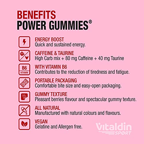 VITALDIN SPORT Power Gummies Caffeine & Taurine – Energía rápida y sostenida – 80 mg Cafeína, 40 mg Taurina por serving + Vitamina B6 – Doypack de 30 Bites de gominola – Sabor frutos rojos – Vegano