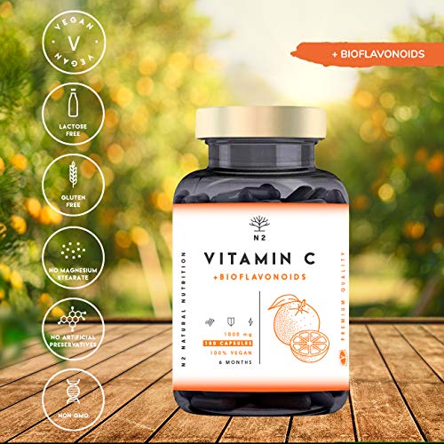 Vitamina C 1000mg + Bioflavonoides - Vit C Pura Natural Reduce el Cansancio y la Fatiga , Contribuye al Funcionamiento del Sistema Inmunológico - Vegano 180 Cápsulas N2 Natural Nutrition