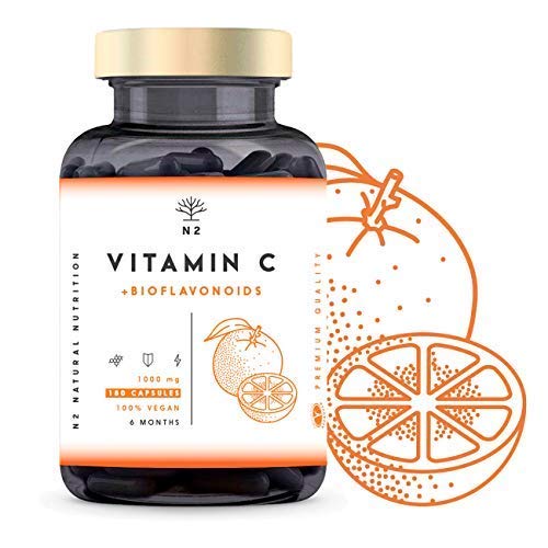 Vitamina C 1000mg + Bioflavonoides - Vit C Pura Natural Reduce el Cansancio y la Fatiga , Contribuye al Funcionamiento del Sistema Inmunológico - Vegano 180 Cápsulas N2 Natural Nutrition