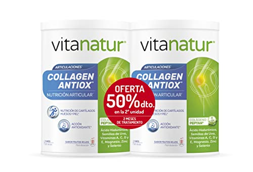 Vitanatur - Collagen Antiox, Complemento Alimenticio con ingredientes que poseen Acción Antioxidante y adecuados para la Nutrición Articular, Sabor Frutos Rojos - Pack 2 Botes x 360 g