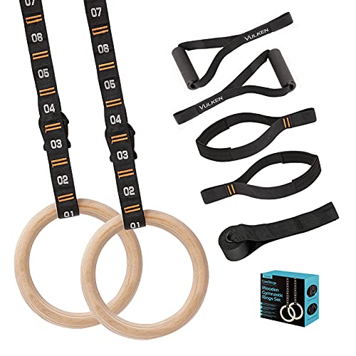 Vulken Wooden Gymnastic Rings with Adjustable Numbered Straps. 1.1'' Olympic Rings for Core Workout, Crossfit, and Bodyweight Training. Home Gym Rings 1600lbs with Workout Handles