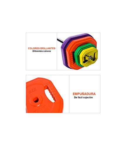 Wonduu Riscko Set de Body Pump con Barra y Discos de Colores. Peso Total Discos 40 kg.