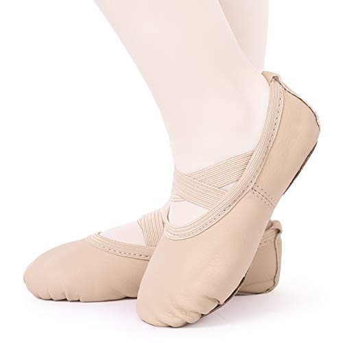Zapatillas de Danza Cuero Zapatos Media Punta de Ballet y Gimnasia para Niña y Mujer Beige 30