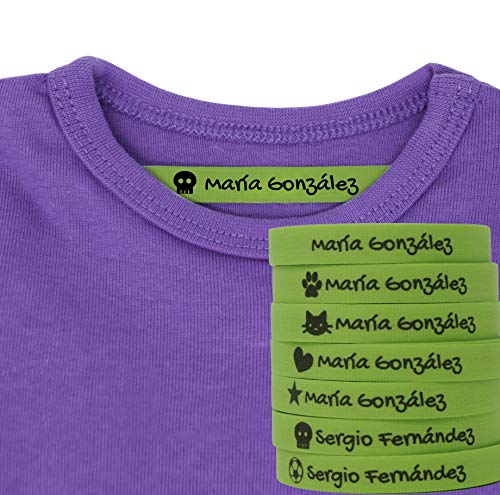 100 Etiquetas Personalizadas con Nombre e Icono para marcar la ropa. Etiquetas de tela Verde termoadhesiva para planchar en camisetas, pantalones, abrigos y todo tipo de prendas de niños.