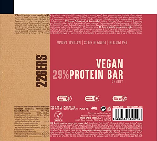 226ERS Vegan Protein Bar | Barrita de Proteína Vegana, Barra Proteíca con Superfoods | Proteína de Guisante + Proteína de Arroz | Sin Gluten, Cereza - 30 barras