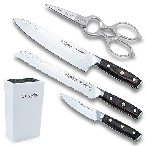 3 Claveles Juego de cuchillos de cocina profesionales juego de 3 cuchillos de cocina de acero inoxidable + tijera de cocina con + taco de fibras