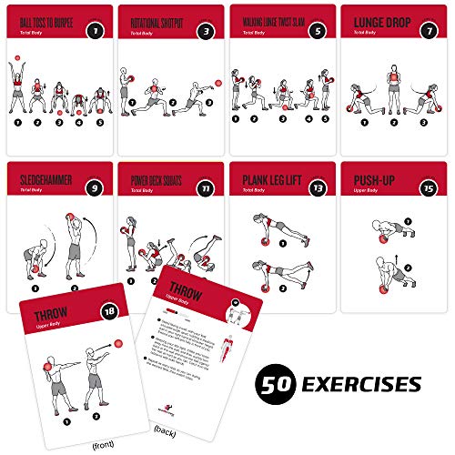 62 medicine ball exercise cards, for a high intensity home gym or workout, 50 exercises for all fitness levels, extra large,