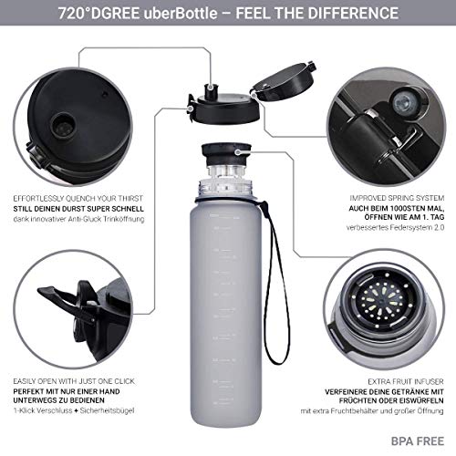 720°DGREE - Botella de agua "uberBottle" con recipiente de fruta, 1 l, sin BPA, para universidad, deportes, fitness, bicicleta, exterior, de Tritan, ligera, irrompible, sostenible