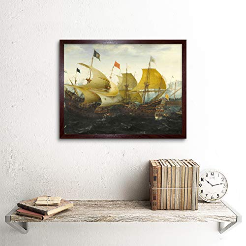 Aart Battle Cadiz Dutch English Ships Painting Art Print Framed Poster Wall Decor 12x16 Inch Batalla holand�s Embarcacion Pintura P�ster Pared