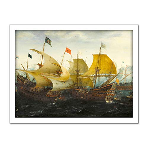 Aart Battle Cadiz Dutch English Ships Painting Artwork Framed Wall Art Print 18X24 Inch Batalla holand�s Embarcacion Pintura Pared