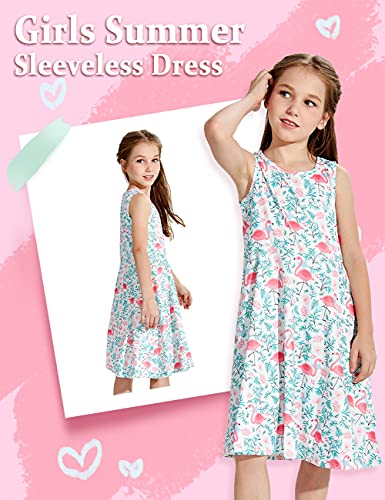 Adicreat - Vestido sin mangas para niña, con cuello redondo, estampado, vestido informal o para fiestas Flamencos A 8-9 Años