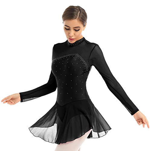 Agoky Maillot de Patinaje Artístico con Falda para Mujer Vestido de Ballet Diamantes Leotardo de Gimnasia Rítmica Manga Larga Traje Danza Clásica Negro S