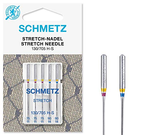 Agujas SCHMETZ para máquinas de coser | 5 Agujas Stretch | 130/705 H-S | Grosor de aguja 75/11 (3x) y 90/14 (2x), surtidos | Indicadas para coser materiales elásticos